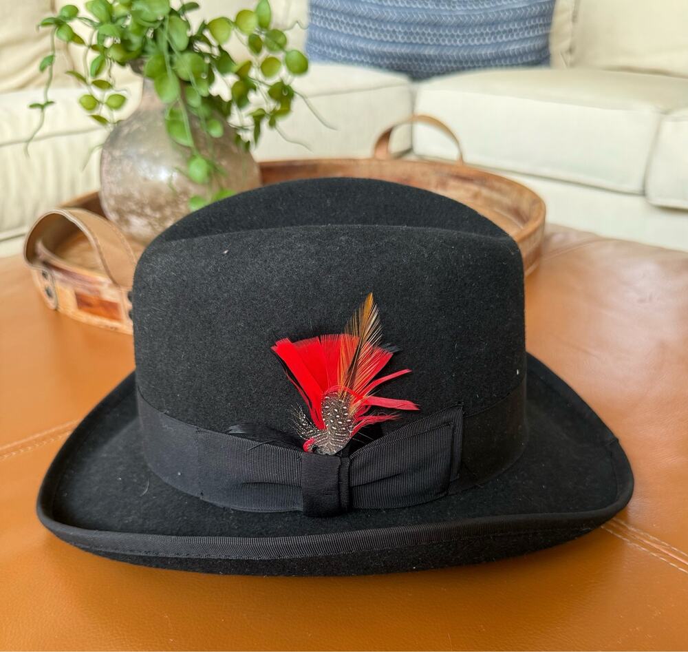 Scala Classics Godfather Black 100% Wool Fedora Hat Small Feather Trim